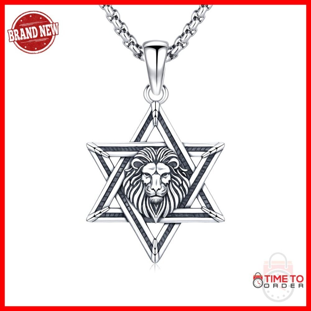 Sterling Silver Star of David Lion Pendant Necklace for Men